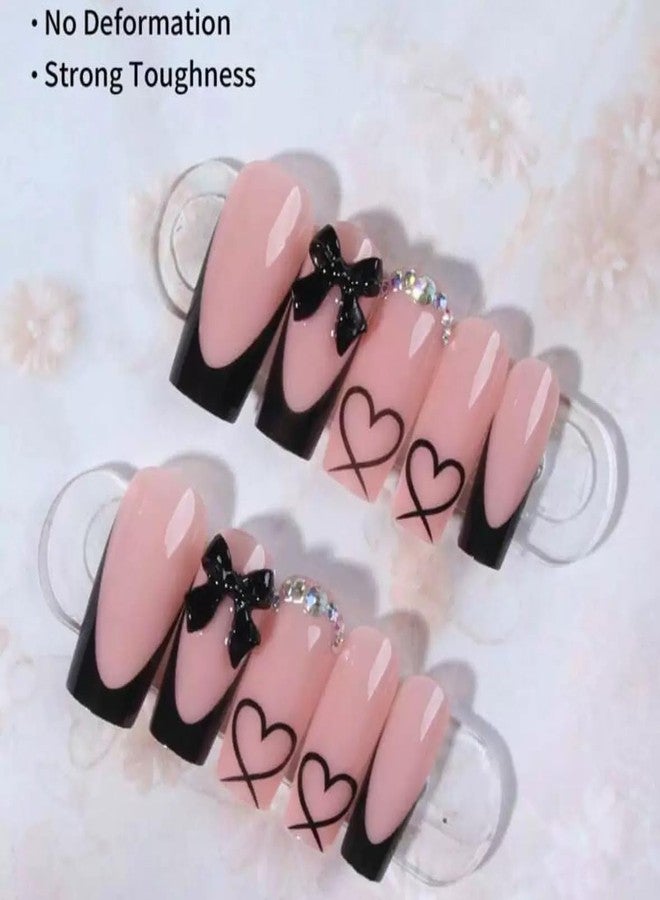 CTTHNBD Medium Press on Nails Coffin - Black French Tip Fake Nails with Bow Charms Design - Heart False Nails Press ons - for Women 24 Pcs - Image 3